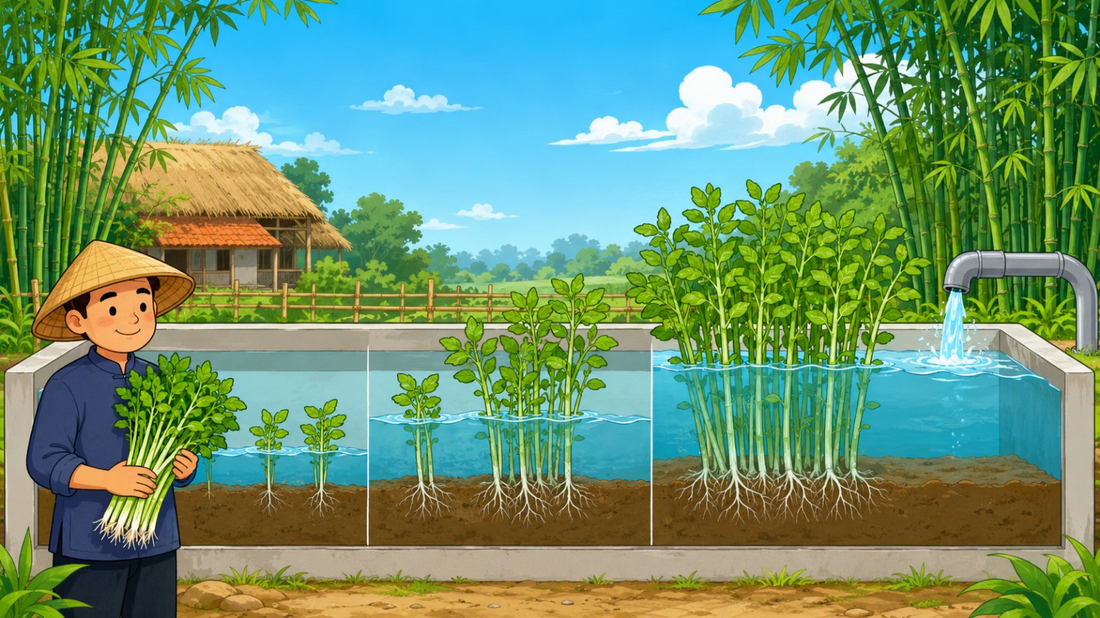 Minh hoạ cách trồng rau cần nước dâng theo cây trên đất nông nghiệp Đồng Nai