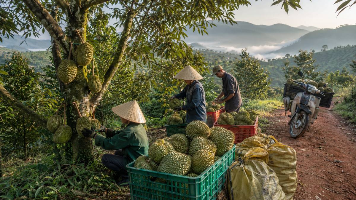 Đất nông nghiệp Khánh Sơn vào mùa thu hoạch sầu riêng trên vườn đồi