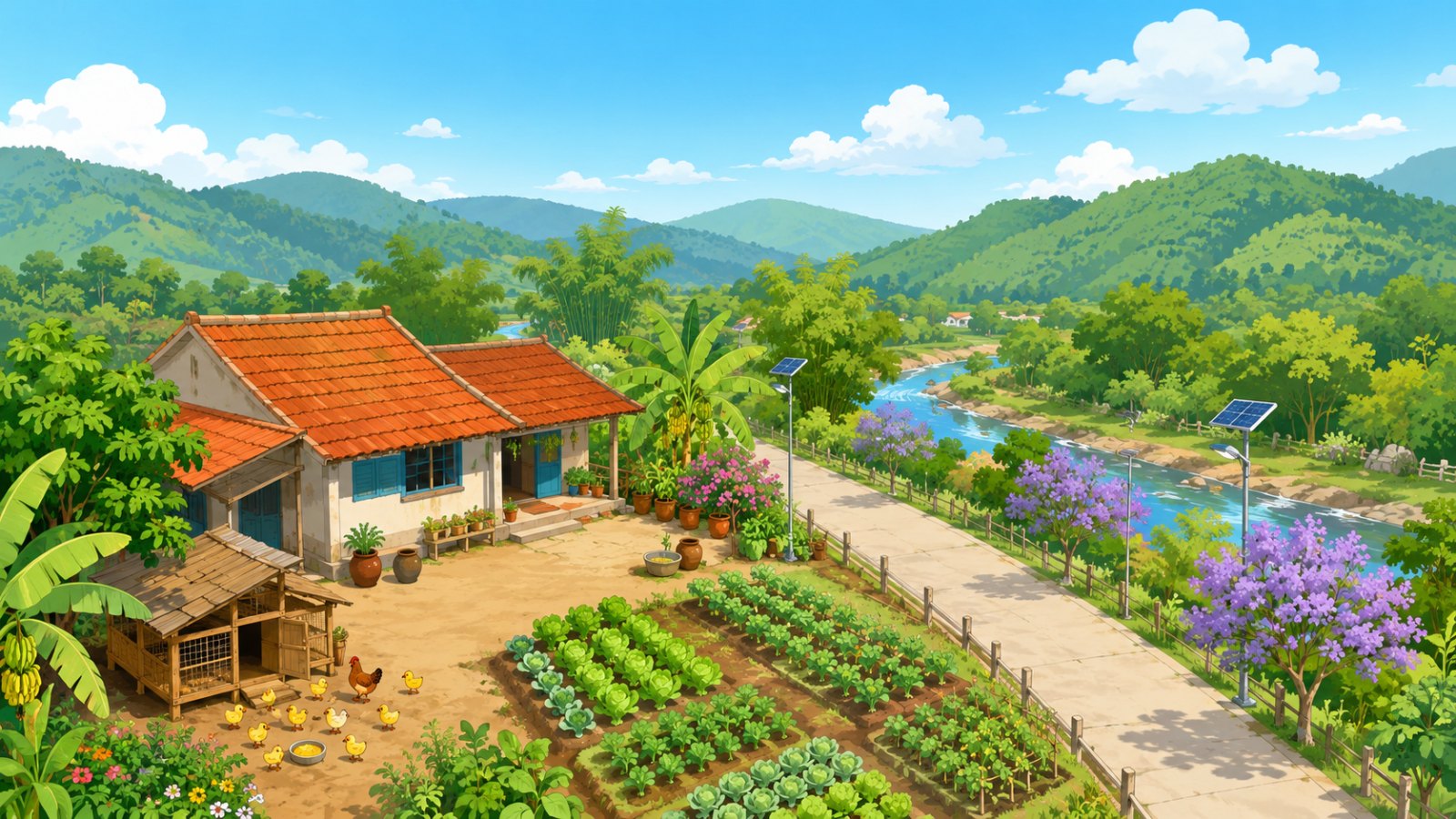 Minh hoạ đất nông nghiệp Tà Lài Đồng Nai với vườn rau, chuồng gà và đường quê trồng cây xanh