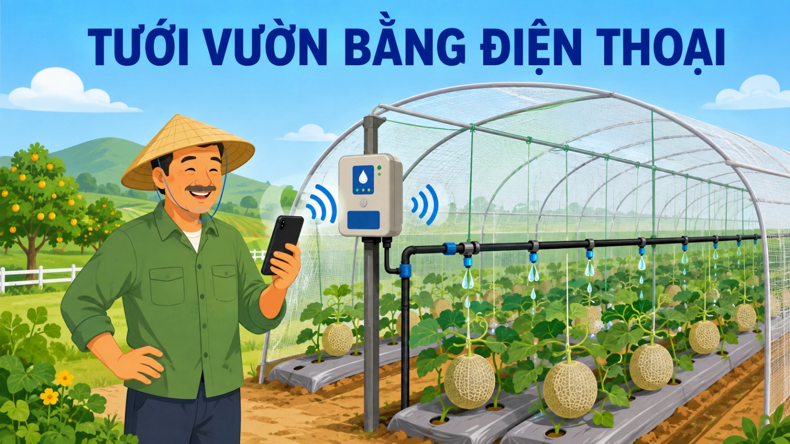 Đất nông nghiệp Xuân Lộc: minh họa nhà màng trồng dưa lưới tưới nhỏ giọt điều khiển bằng điện thoại