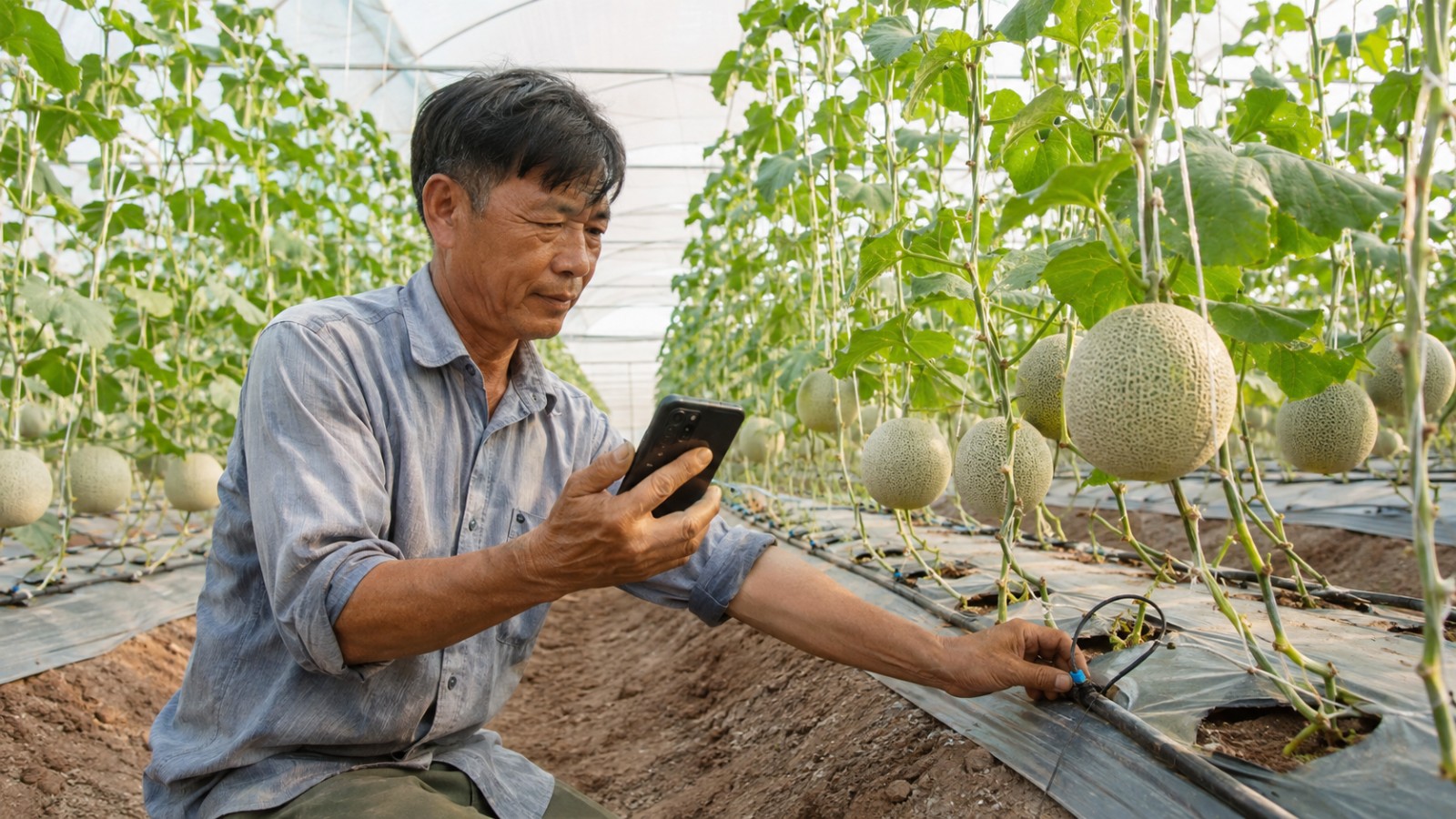Đất nông nghiệp Xuân Lộc: nông dân dùng điện thoại mở van tưới nhỏ giọt trong nhà màng trồng dưa lưới
