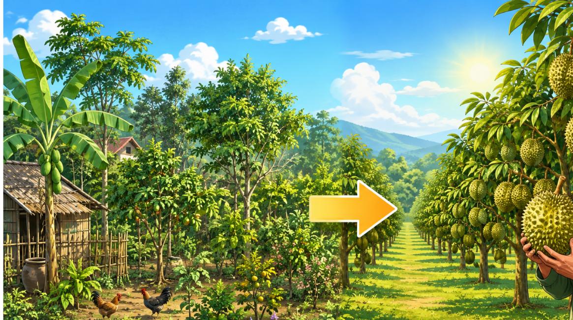 Minh họa chuyển đổi đất trồng cây lâu năm sang vườn sầu riêng chuyên canh ở Đồi Rìu