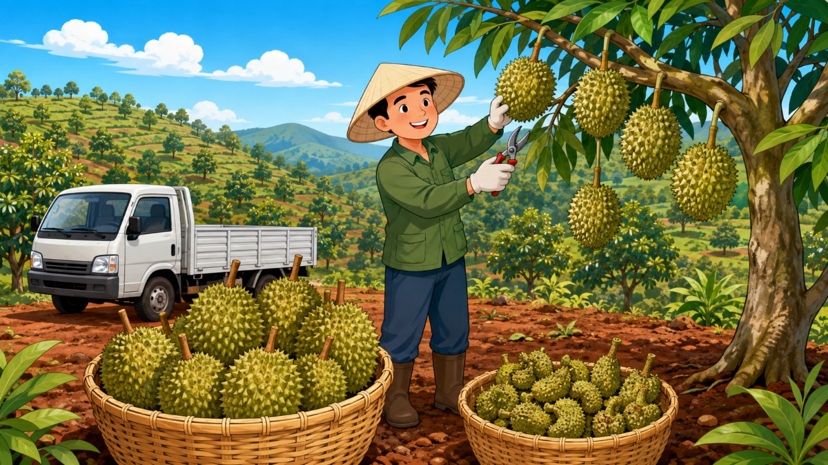 Minh họa nhà vườn trên đất trồng cây lâu năm Đồng Nai tỉa trái và phân loại sầu riêng