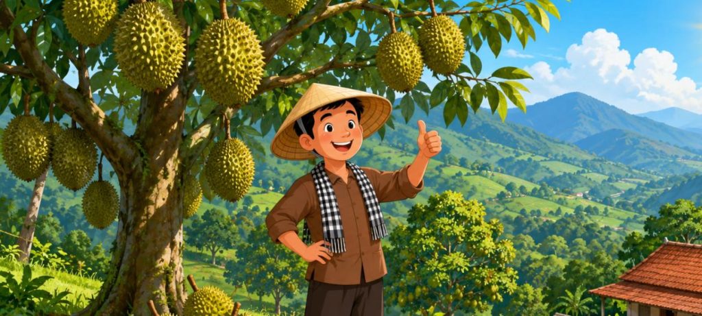 Đất trồng cây lâu năm Khánh Sơn minh họa nông dân bên vườn sầu riêng