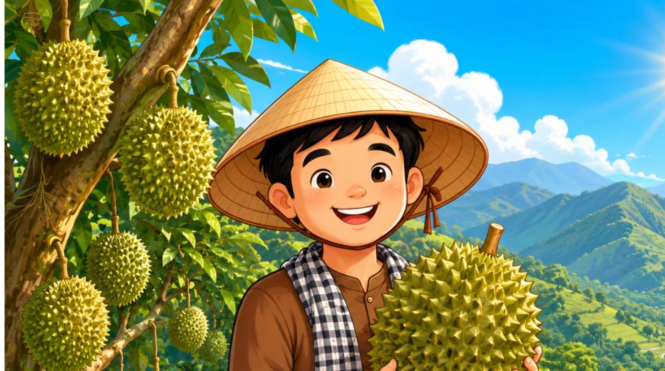Đất trồng cây lâu năm Khánh Sơn - minh họa hoạt hình nông dân bên vườn sầu riêng Sơn Bình