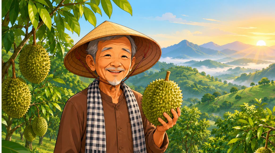 Người nông dân trồng sầu riêng trên đất trồng cây lâu năm ở Sơn Trung, Khánh Sơn