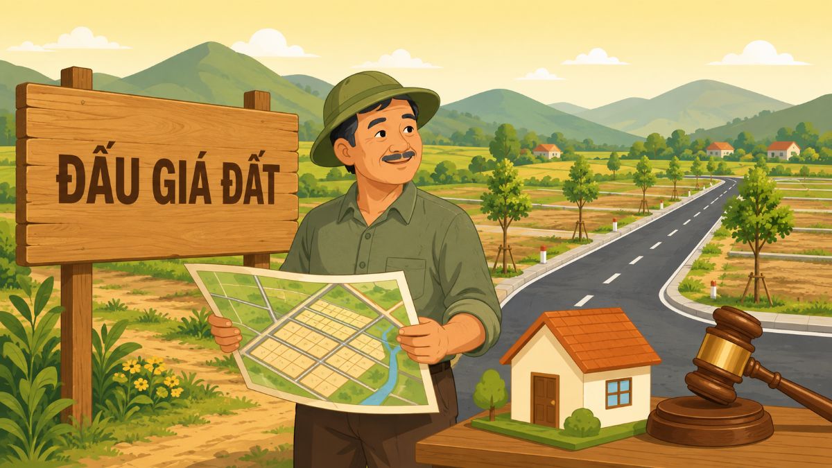 Minh hoạ đấu giá đất Đồng Nai - người mua cầm bản đồ quy hoạch bên bảng Đấu Giá Đất