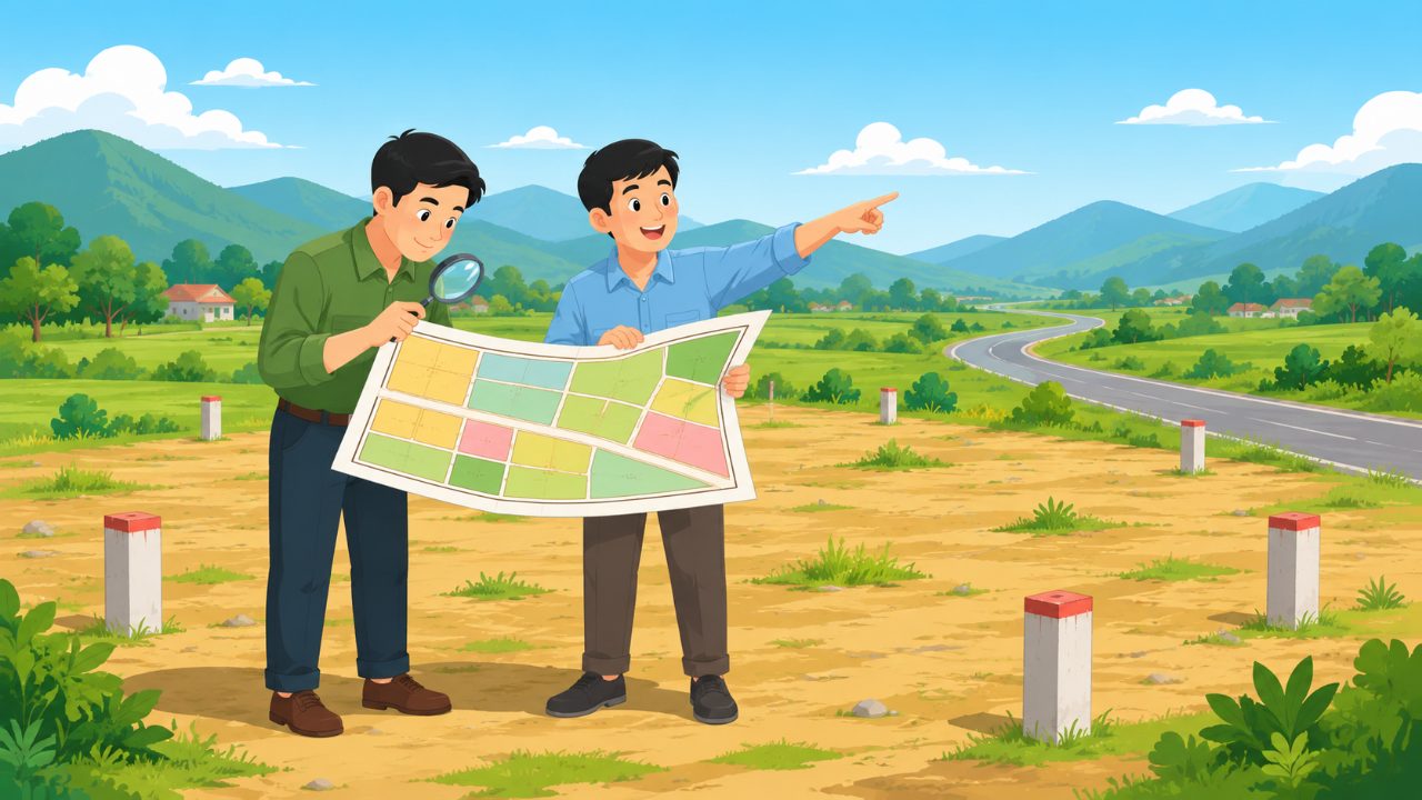 Đầu tư bất động sản: hai người đối chiếu bản đồ quy hoạch trên mảnh đất trước khi hỏi giá