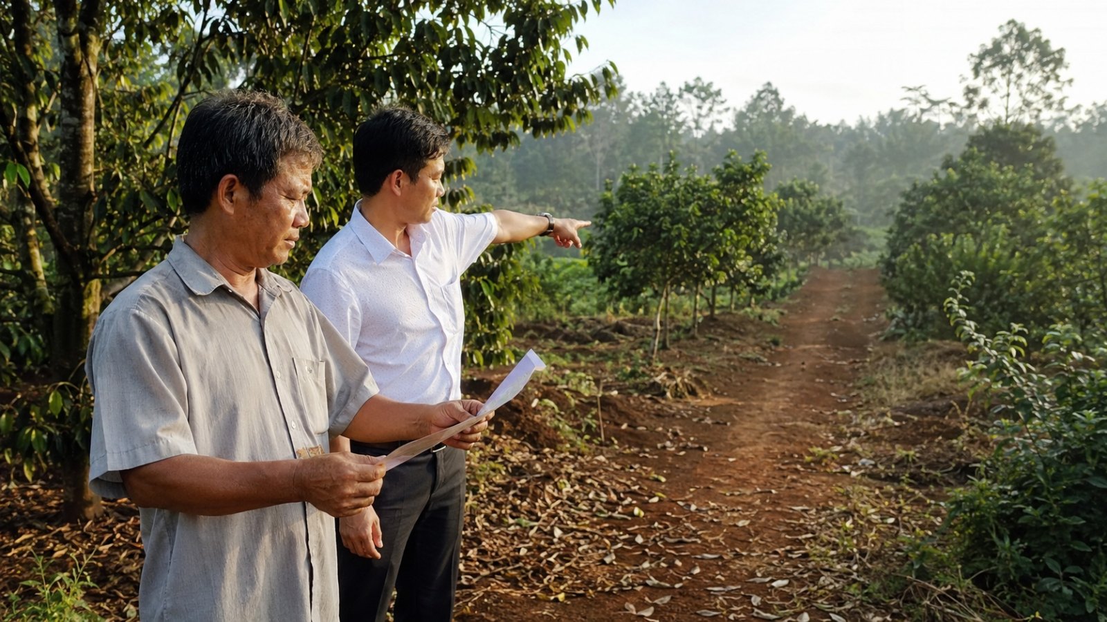 Đầu tư bất động sản ở Đồng Nai 2026: hai người kiểm tra giấy tờ đất tại lô đất vườn