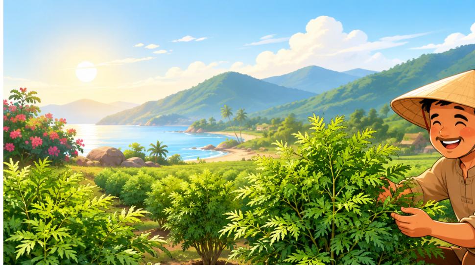 Minh họa hoạt hình nông dân chăm sóc vườn cây đinh lăng dược liệu ở Khánh Hòa