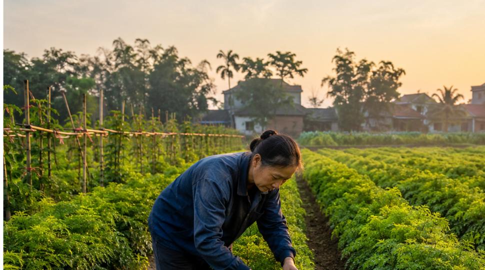 Vườn cây đinh lăng xanh tốt ở Hải Dương, người nông dân đang chăm sóc cây đinh lăng