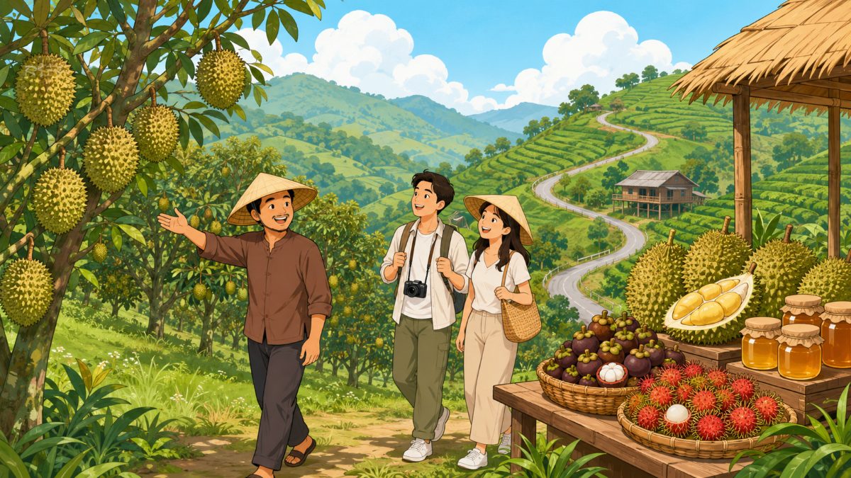 Minh họa du lịch sinh thái Khánh Sơn: chủ vườn dẫn khách tham quan vườn sầu riêng