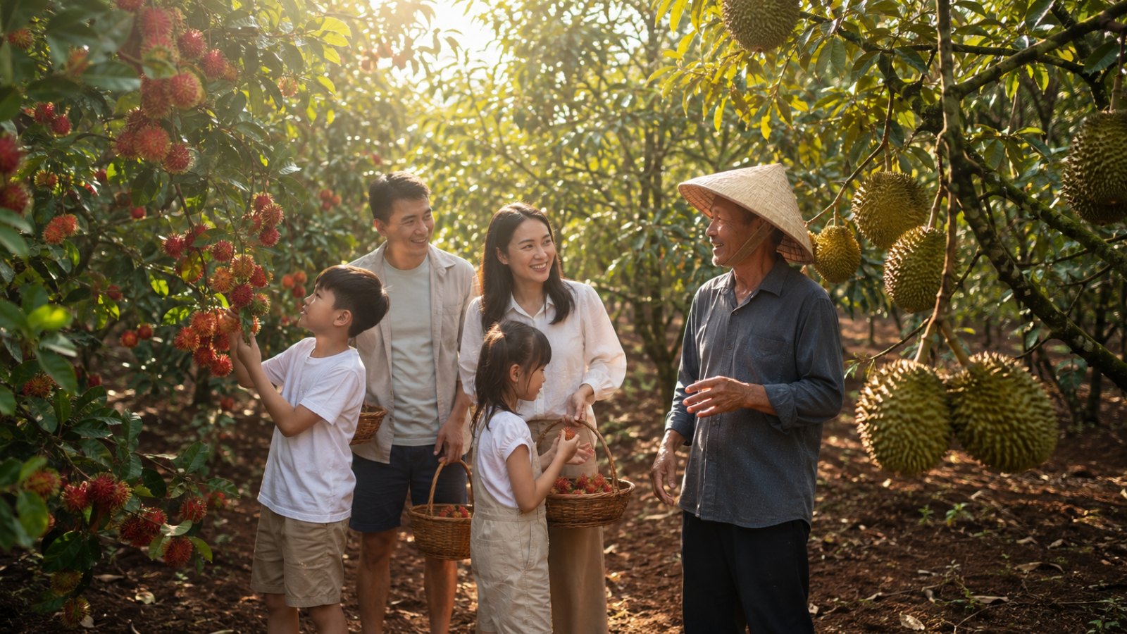 Du lịch sinh thái vườn Đồng Nai: gia đình khách tự tay hái trái trong vườn chôm chôm và sầu riêng