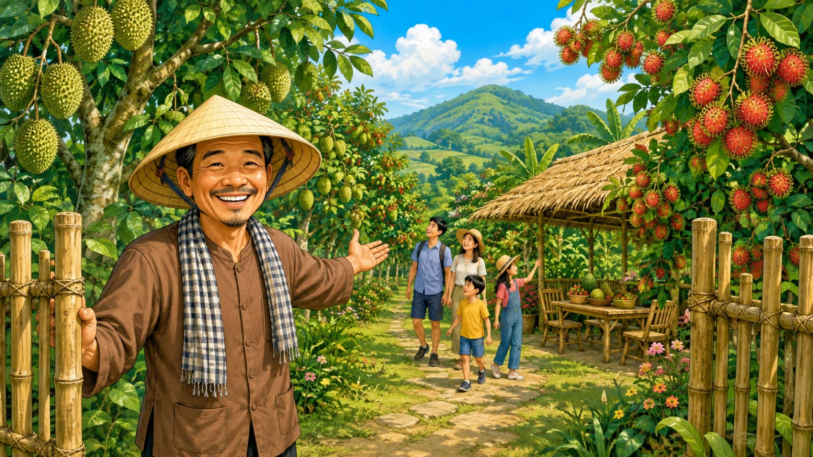 Minh họa du lịch sinh thái vườn Đồng Nai: nông dân đón khách tham quan vườn trái cây