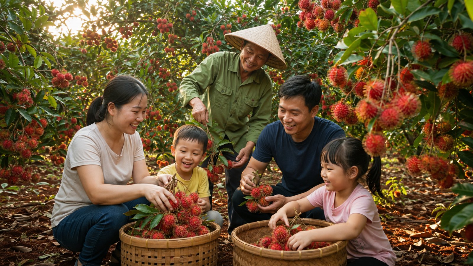 Du lịch vườn Long Khánh: gia đình hái chôm chôm tại vườn ở Đồng Nai