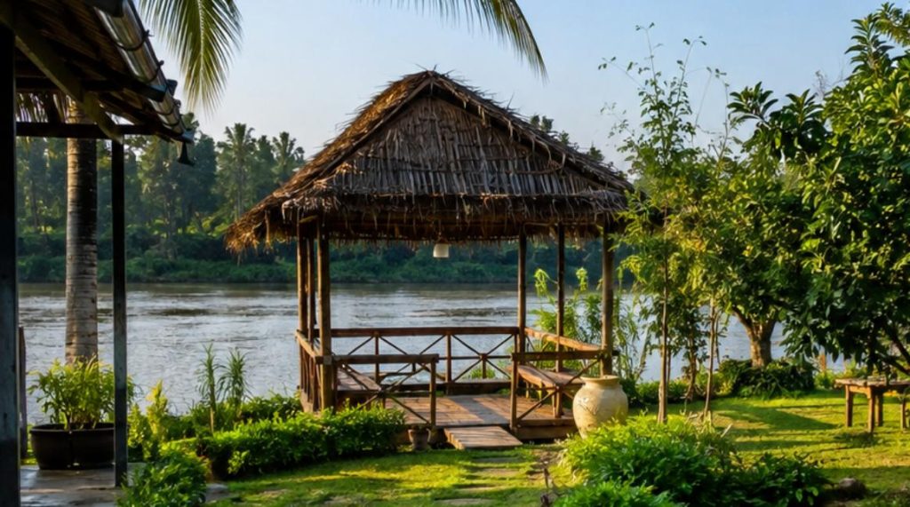 Pháp lý farmstay Đồng Nai - khu farmstay ven sông với nhà chòi gỗ và vườn cây