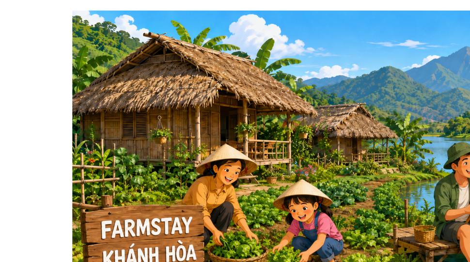 Farmstay Khánh Hòa hoạt hình: gia đình trải nghiệm hái rau và câu cá bên hồ