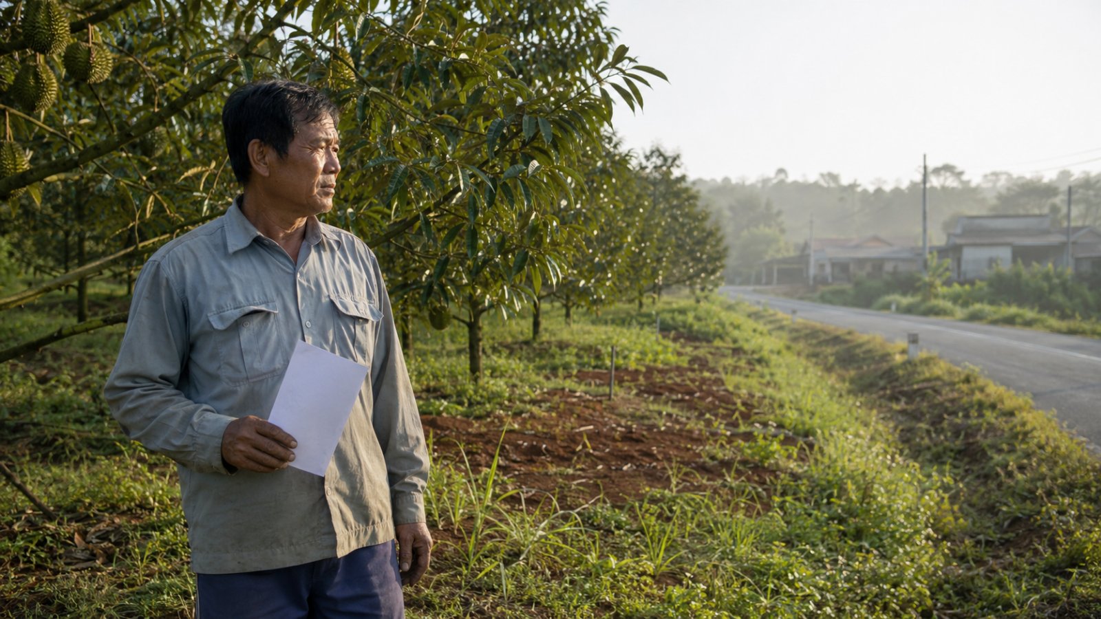 Giá đất nông nghiệp Đồng Nai 2026 - nông dân đứng trong vườn sầu riêng ở Cẩm Mỹ cầm tờ thông báo tiền sử dụng đất