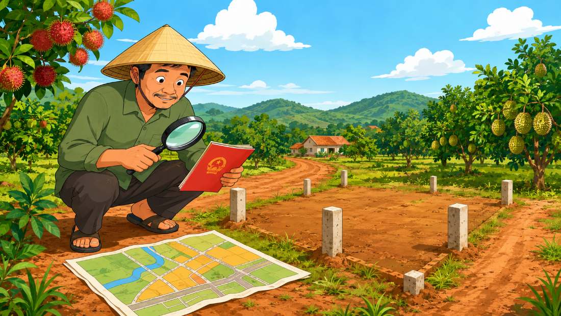 Minh hoạ kiểm tra pháp lý đất nền vùng ven: soi sổ đỏ, bản đồ quy hoạch và cọc mốc ranh