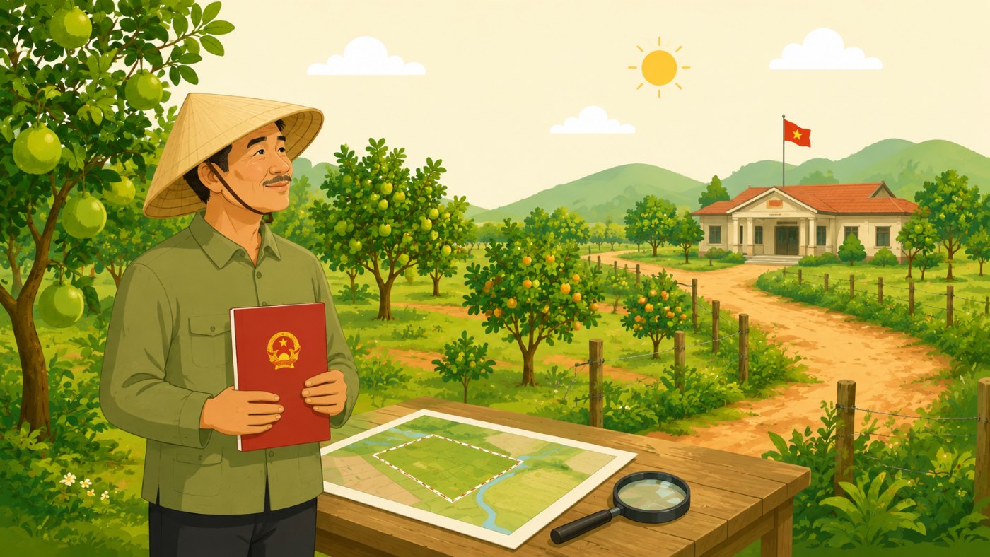 Nông dân cầm sổ đỏ kiểm tra pháp lý trước khi xây công trình trên đất nông nghiệp