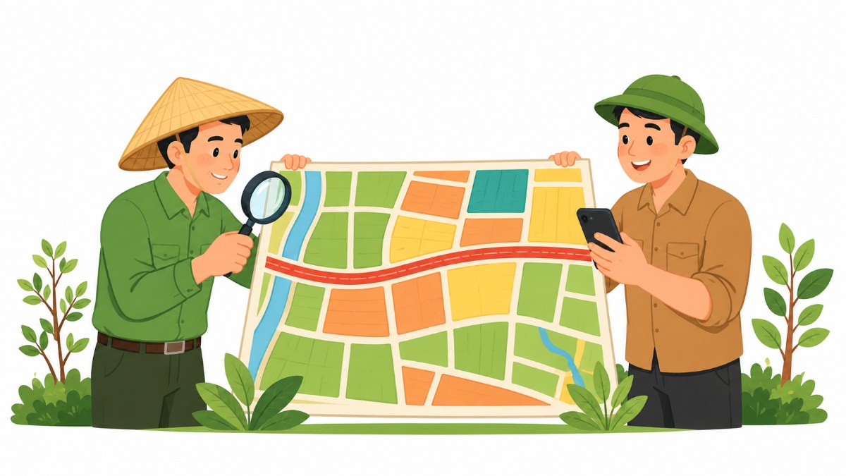 Hai người cùng kiểm tra quy hoạch trên bản đồ phân khu có tuyến đường chạy qua