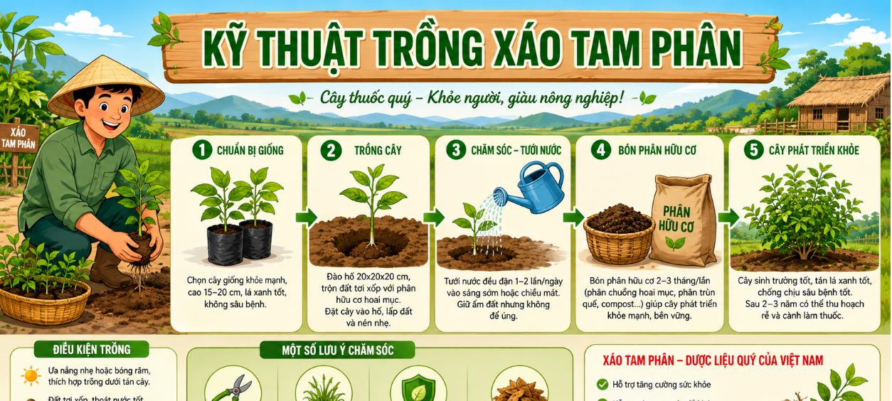 Infographic kỹ thuật trồng xáo tam phân từng bước