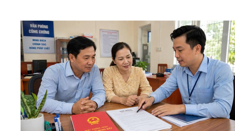 Cặp vợ chồng làm thủ tục mua bán đất tại văn phòng công chứng theo Luật Đất đai 2024