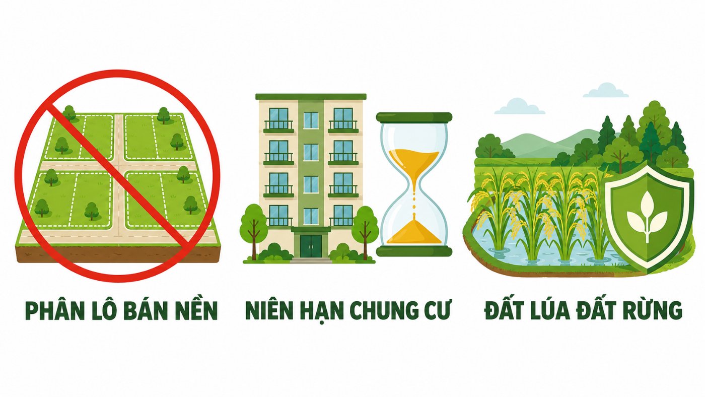Đồ họa luật đất đai mới nhất: hạn chế phân lô bán nền, niên hạn chung cư, siết đất lúa đất rừng