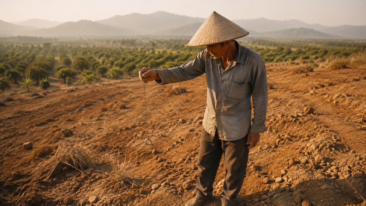 Nông dân dò mạch nước ngầm bằng nhẫn vàng treo sợi chỉ trên đồi đất khô cằn ở Cam Lâm, Khánh Hòa