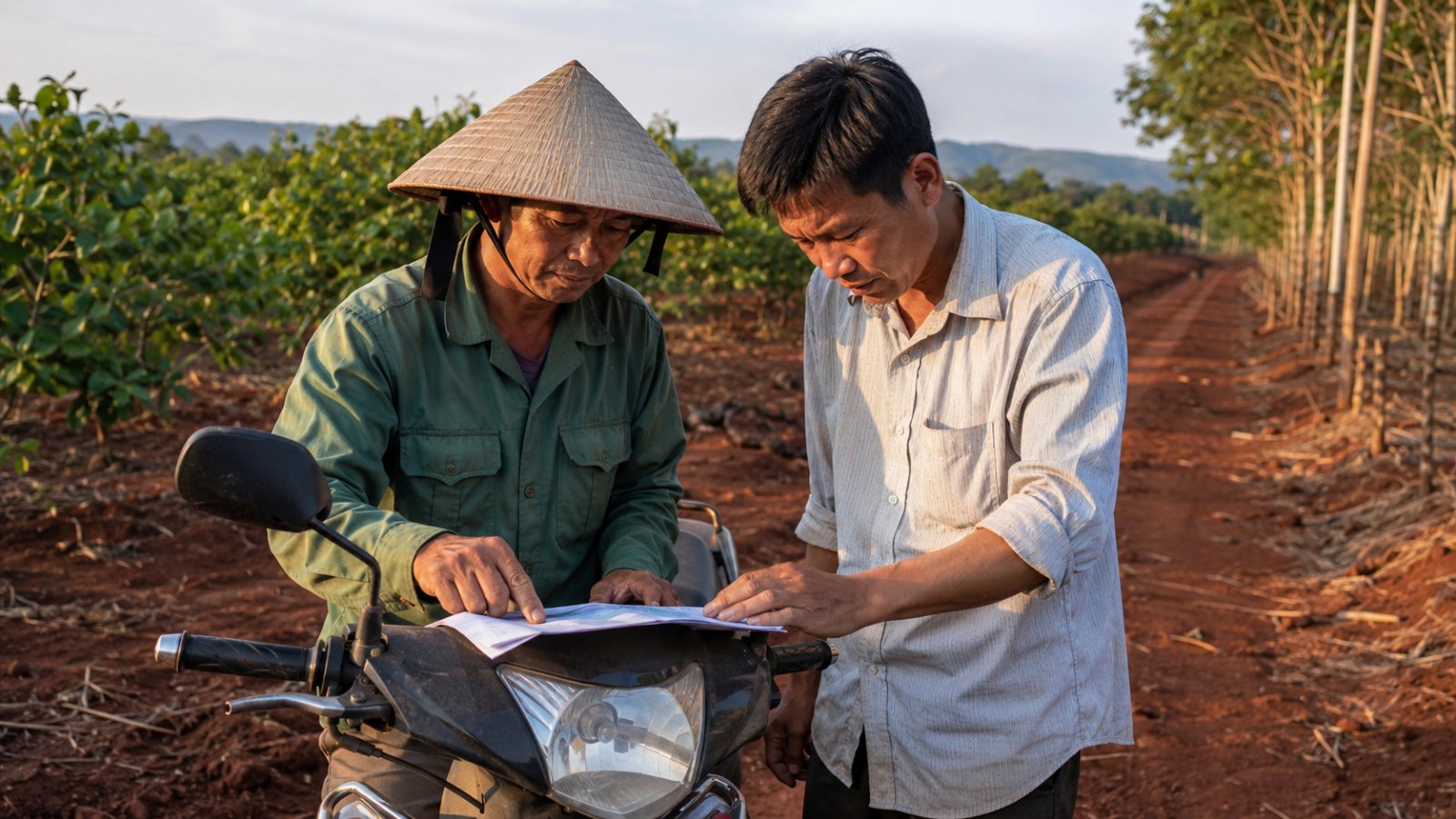 Mua bán đất giấy tay ở Đồng Nai: nông dân và người mua cùng xem tờ giấy viết tay trên rẫy đất đỏ