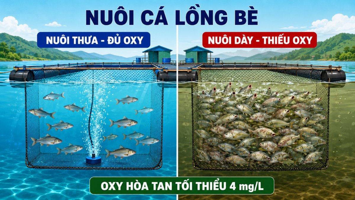 Nuôi cá lồng bè nuôi thưa đủ oxy và nuôi dày thiếu oxy