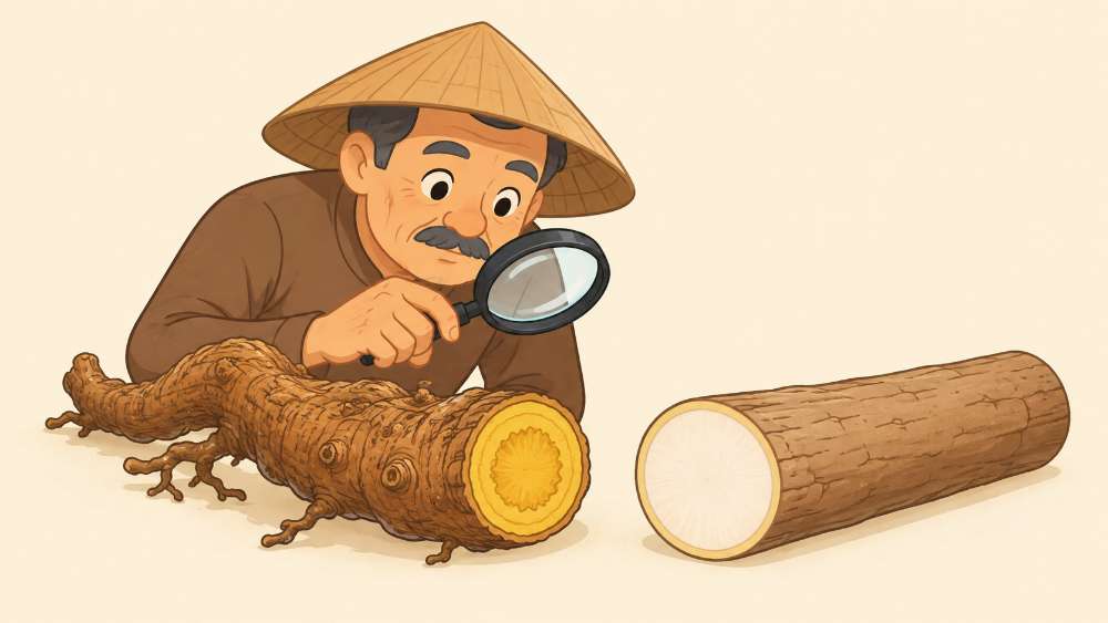 Minh họa cách phân biệt xáo tam phân thật giả qua màu ruột và hình dáng khúc rễ