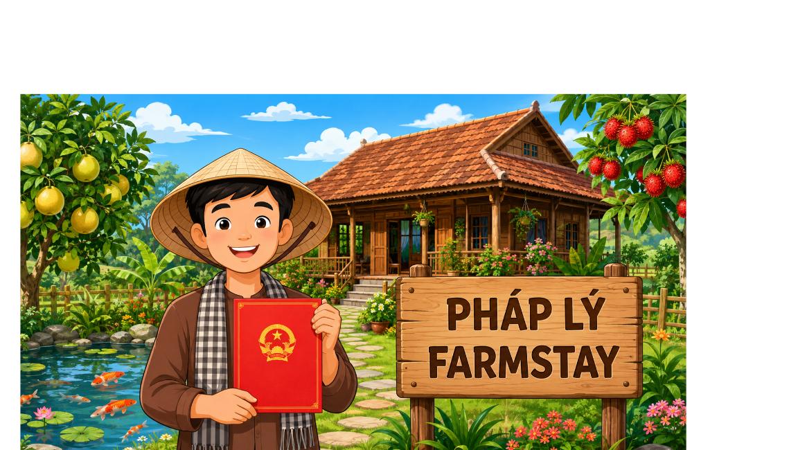 Pháp lý farmstay Đồng Nai - minh họa nông dân cầm sổ đỏ bên biển Pháp Lý Farmstay