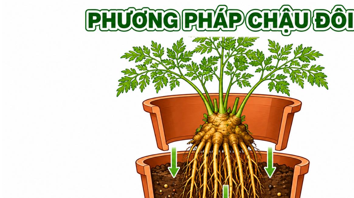 Minh họa phương pháp chậu đôi khi trồng đinh lăng lấy củ, rễ đi thẳng xuống