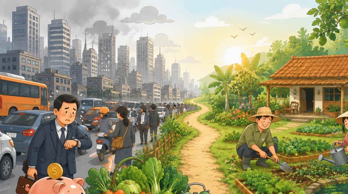 Minh họa quản lý tài chính cá nhân khi cắt giảm chi phí đô thị để về quê làm vườn