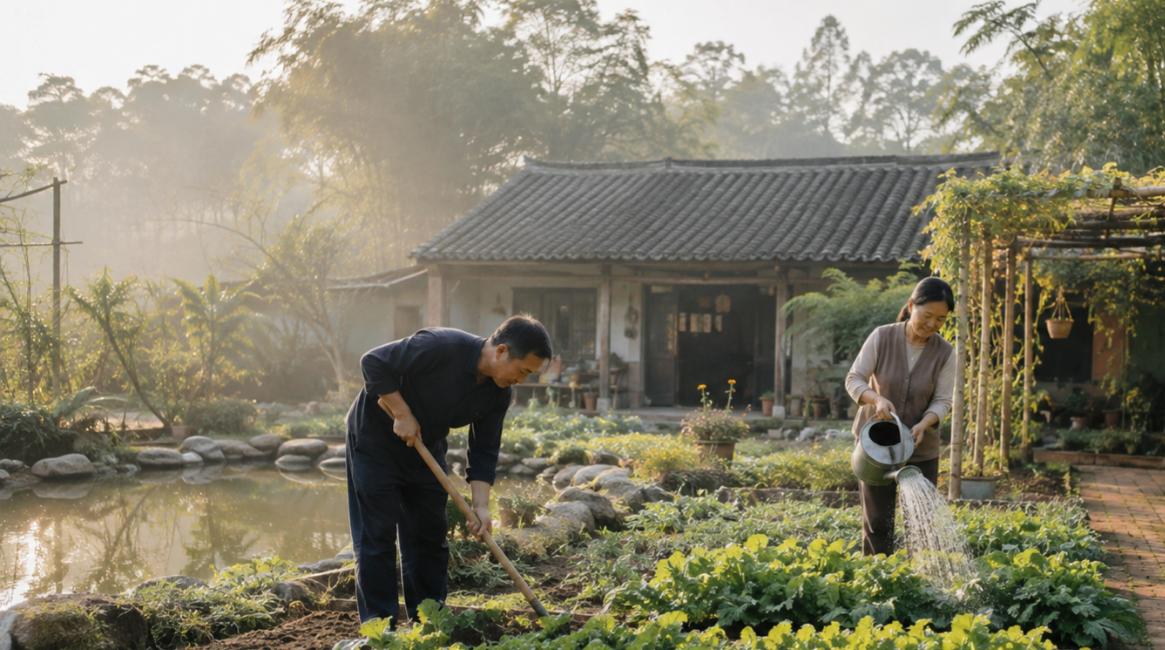 Quản lý tài chính cá nhân để nghỉ hưu sớm: vợ chồng chăm khu vườn quê buổi sáng
