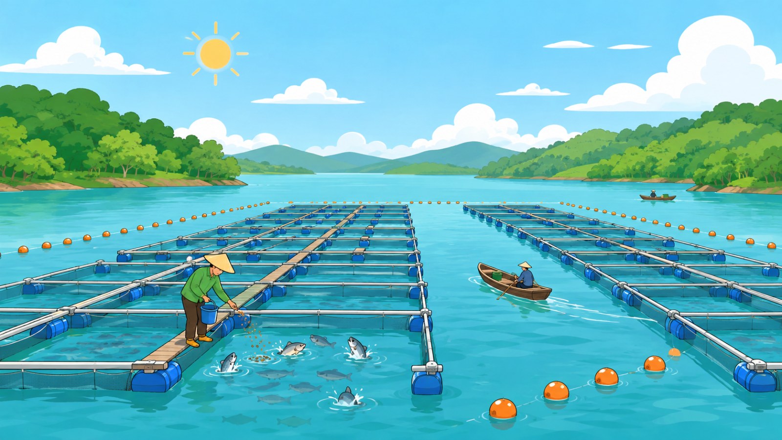 Minh họa vùng nuôi cá lồng bè hồ Trị An được quy hoạch gọn gàng