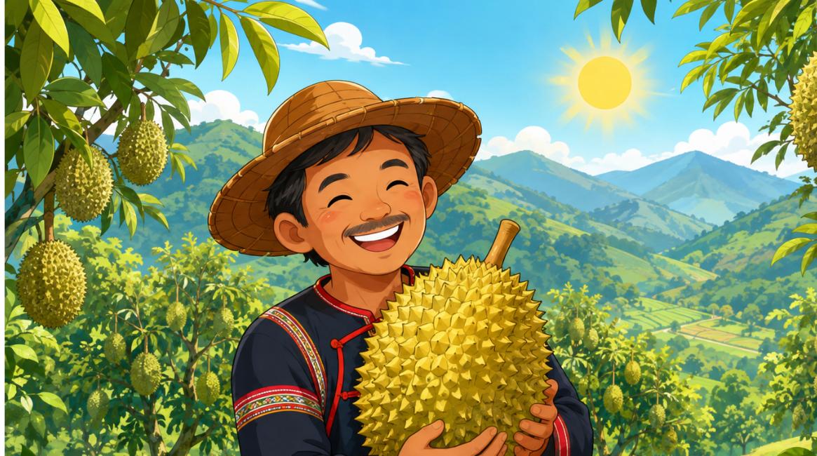 Minh họa hoạt hình nông dân thu hoạch sầu riêng Khánh Sơn được mùa được giá