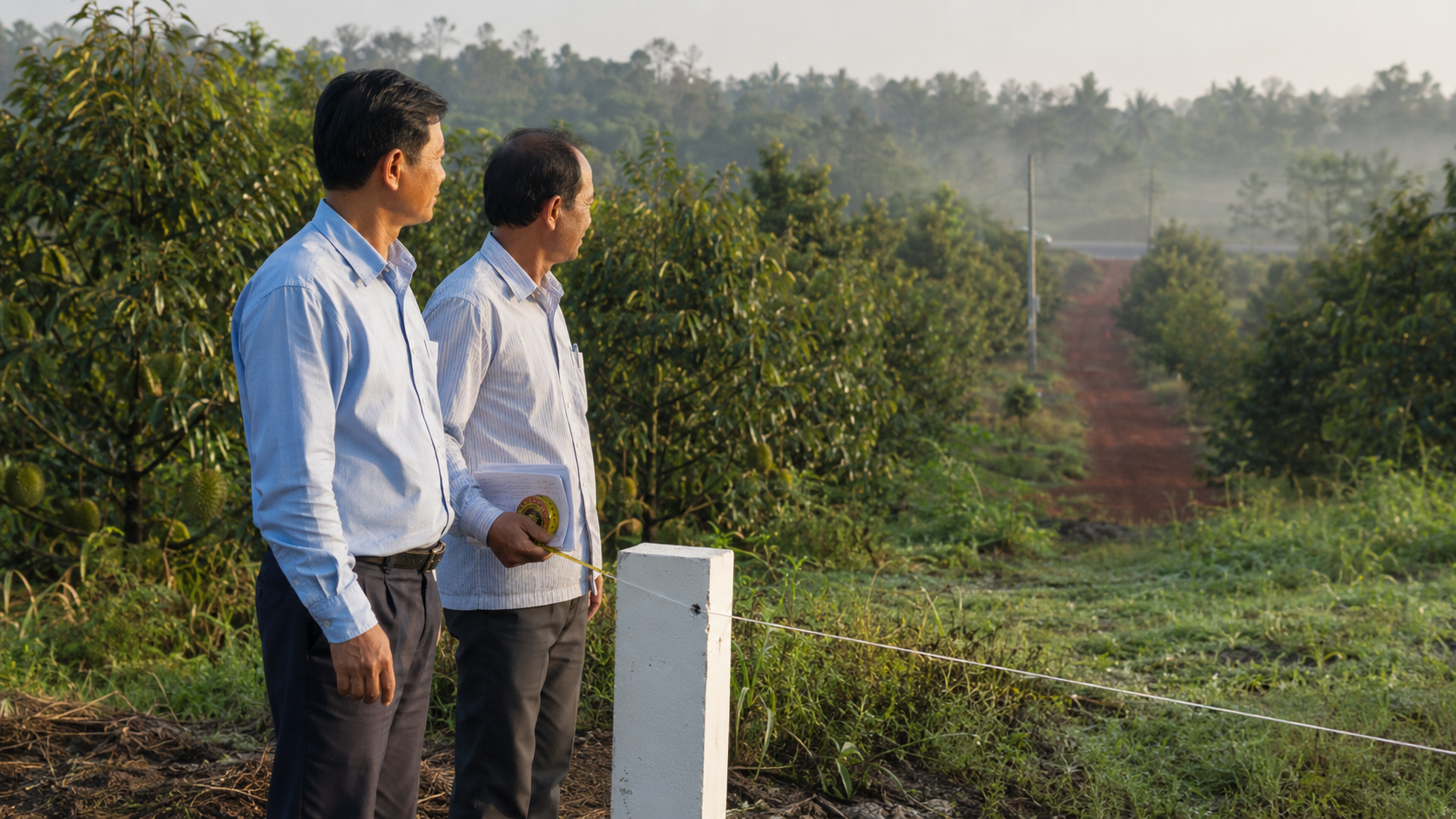 Tách thửa và hợp thửa đất Đồng Nai 2026: hai người đứng cạnh cọc mốc ranh giới trong vườn sầu riêng