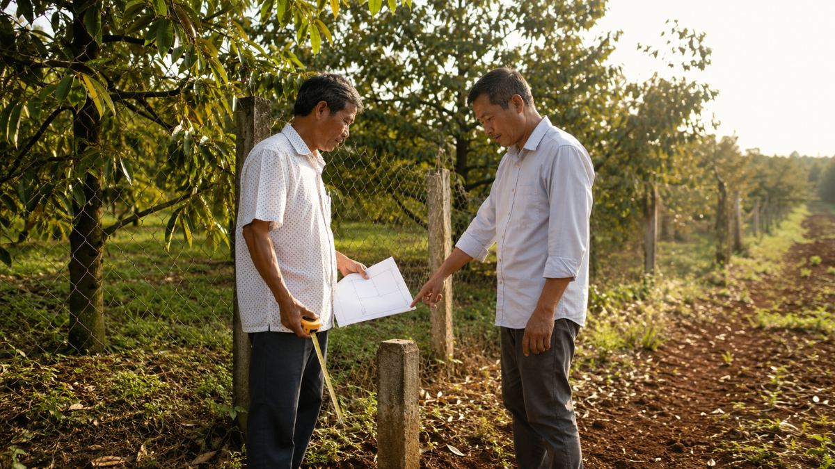 Hai người đàn ông đo lại ranh giới vườn sầu riêng, minh họa cách xử lý tranh chấp đất đai ở Đồng Nai