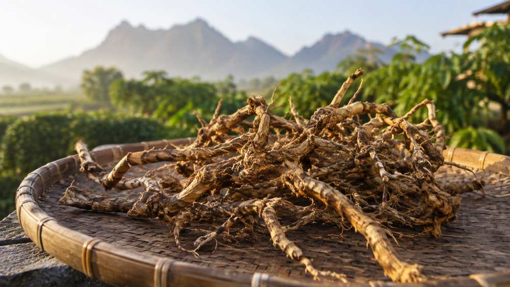 Rễ xáo tam phân Khánh Hòa phơi khô trên nong tre dưới chân núi Hòn Hèo, Ninh Hòa