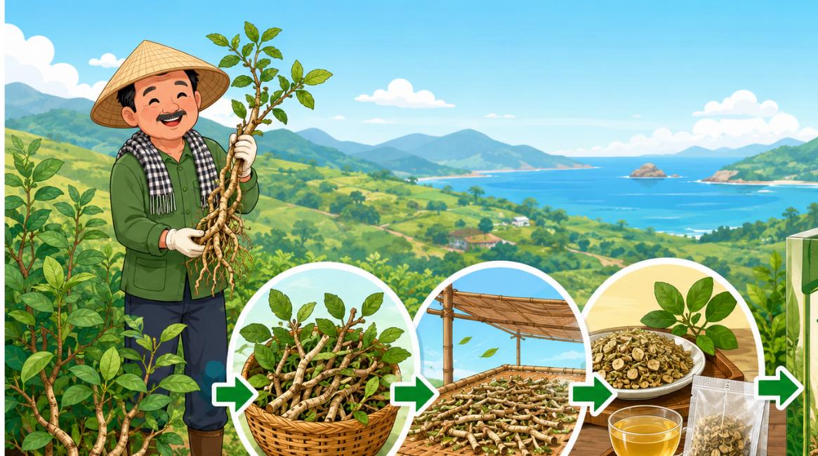 Quy trình chế biến xáo tam phân từ cây tươi đến sản phẩm trà