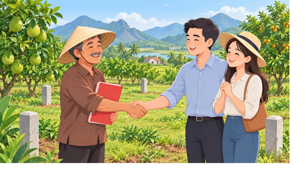 Người bán đất nông nghiệp giao hồ sơ và bắt tay khách mua tại Khánh Hòa