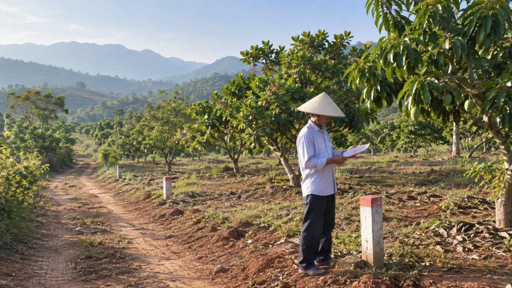 Đất chưa có sổ đỏ ở Khánh Hòa: người đứng cạnh cọc mốc xem hồ sơ trong vườn đồi