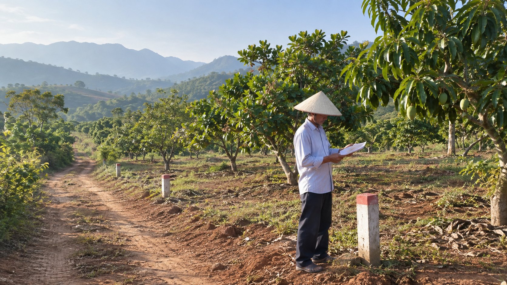 Đất chưa có sổ đỏ ở Khánh Hòa: người đứng cạnh cọc mốc xem hồ sơ trong vườn đồi