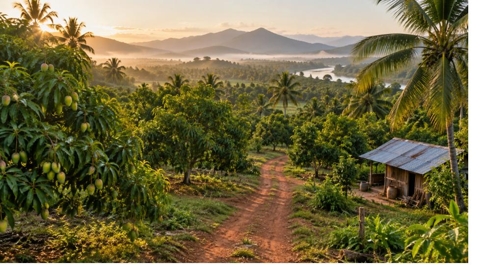 Đất nông nghiệp ở Khánh Hòa với vườn xoài, chòi trông vườn và dãy núi phía xa