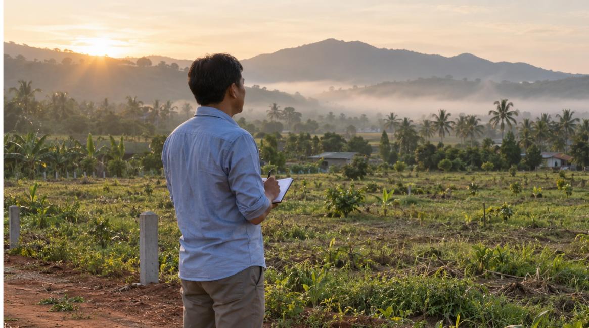 Người đàn ông đứng xem thửa đất vườn ở Khánh Hòa lúc sáng sớm khi đầu tư bất động sản