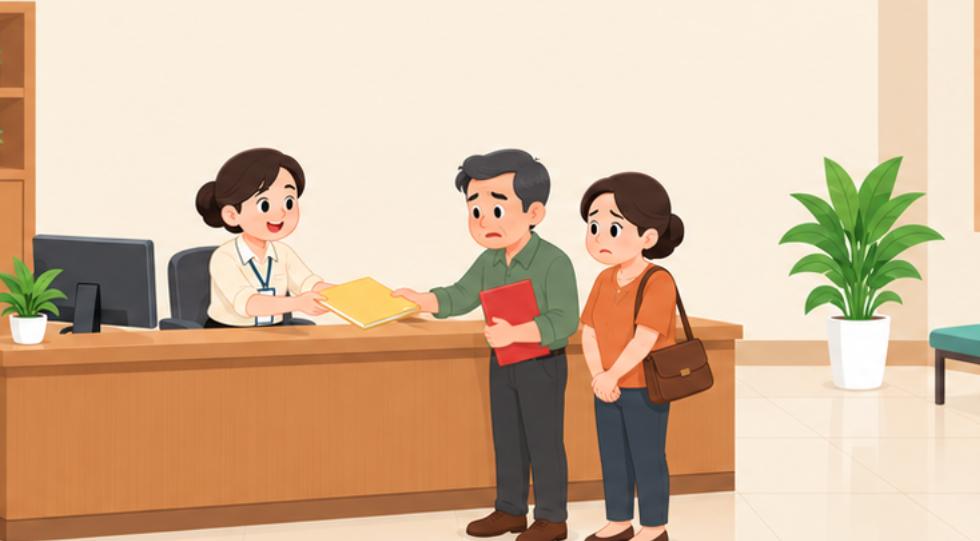 Minh hoạ hoạt hình cảnh hồ sơ sang tên sổ đỏ bị trả lại tại quầy tiếp nhận ở Đồng Nai
