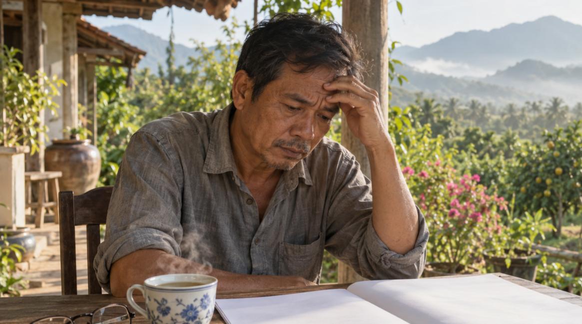 Sổ đỏ bị chiếm giữ: người đàn ông lo lắng xem hồ sơ đất bên hiên nhà vườn ở Khánh Hòa